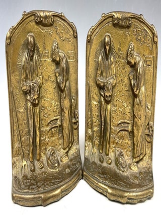 Item #1099 Bronzed Cast Iron Bookends Depicting Praying Farmers. Bookends