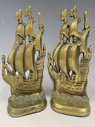 Item #1102 Brass Bookends Depicting Sailing Ships. Bookends