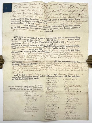 Item #1287 Large 18th Century Quaker Marriage Contract Between Joseph Coles and Joanna Bevan....