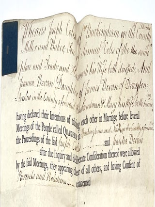 Large 18th Century Quaker Marriage Contract Between Joseph Coles and Joanna Bevan