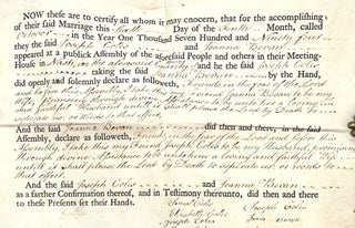 Large 18th Century Quaker Marriage Contract Between Joseph Coles and Joanna Bevan