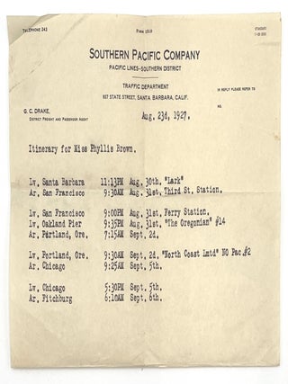 Charming Travel Itinerary, Diary, and Ephemera, Phyllis Brown, 1927