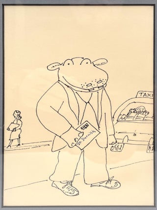 Original Drawing of a Hippo in a Suit Mailing a Letter, Framed with an Autograph Note