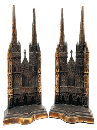 Item #2002 Pair of Cast Iron Bookends Depicting Lichfield Cathedral, c. 1930. Bookends