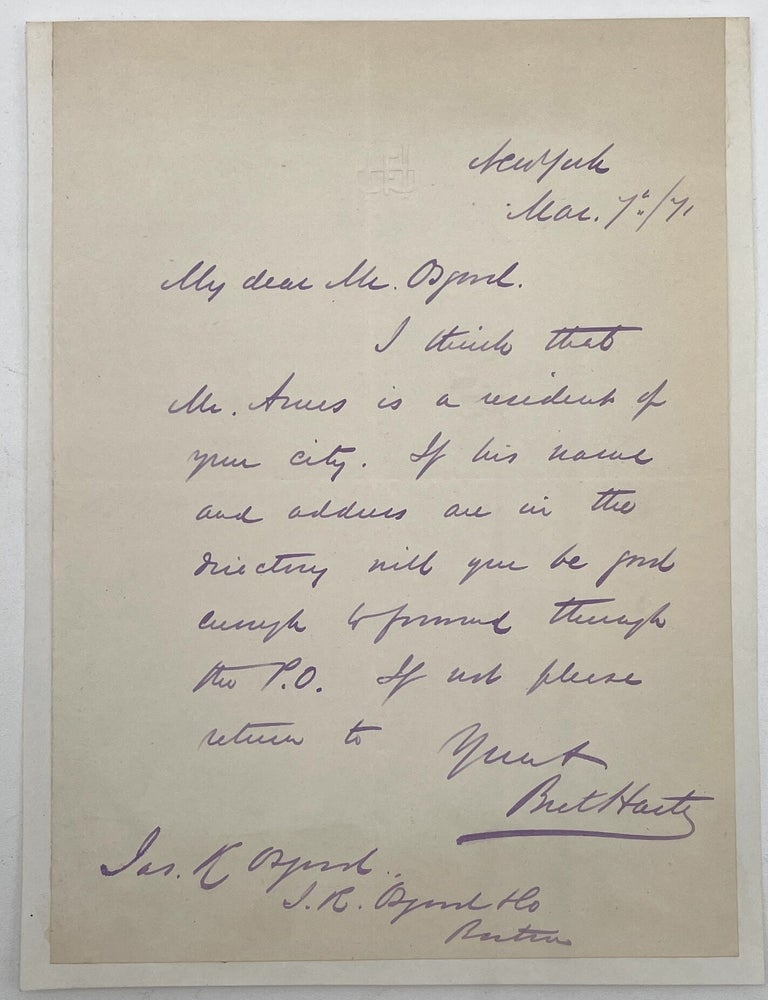 Item #3326 Autograph Letter Signed, March 7, 1871. Bret Harte.
