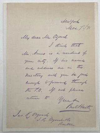 Item #3326 Autograph Letter Signed, March 7, 1871. Bret Harte