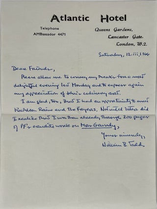 Item #836 Autograph Letter to Mr. and Mrs. John Symonds. William B. Todd